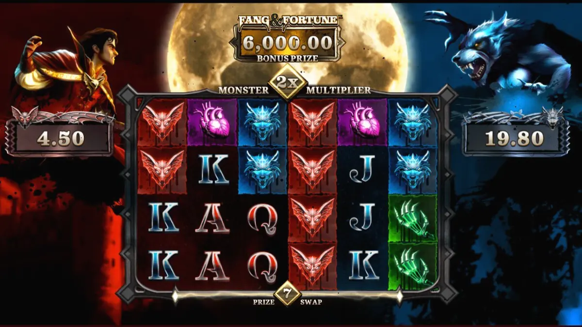 Tampilan visual slot Fang & Fortune dengan tema pertarungan vampir dan manusia serigala.